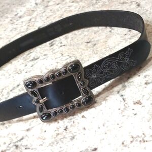Black Leather Womens Embroidered Belt With Gemstone Buckle